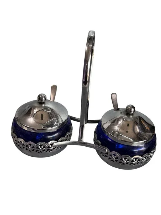 Mayell England Cobalt Blue Glass Double Condiment Jam Jar Set Silverplate 9 1/2" - Picture 3 of 7